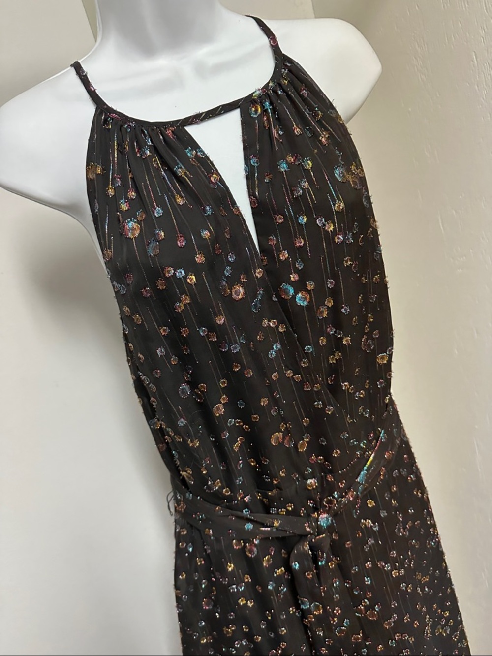 Eva Franco Black Halter Maxi Romper with Multicolor Dot Print